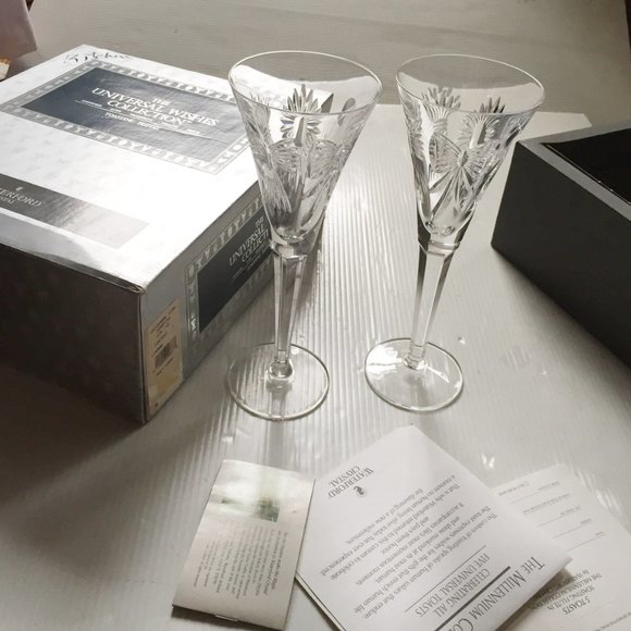 10" Tall Waterford ❤️ 5 Universal Wishes -Millennium Collection 2 Crystal Flutes - Picture 2 of 11